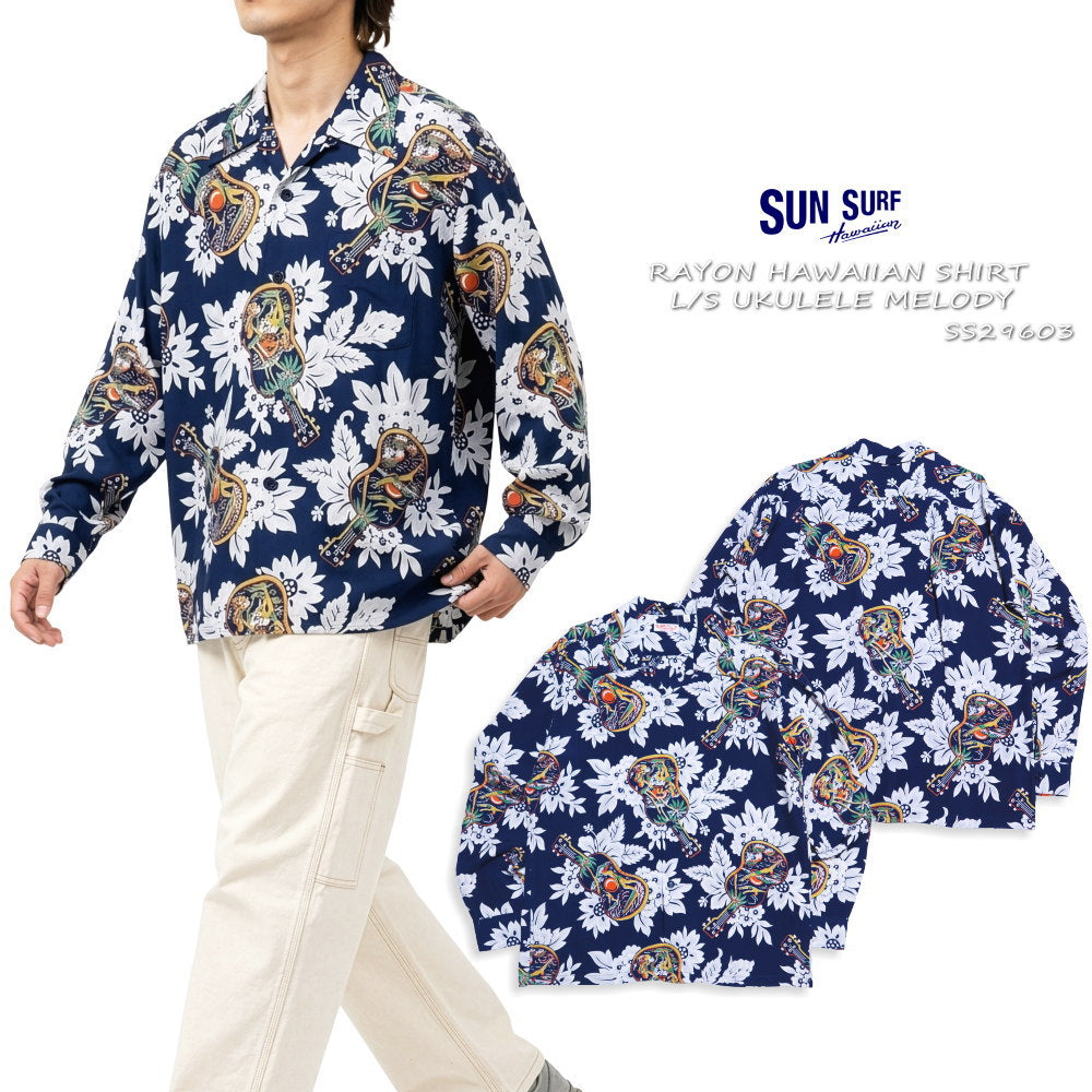 SUN SURF Long Sleeve Aloha Shirt UKULELE MELODY Hawaiian Shirt Rayon Made in Japan SS29603 Navy