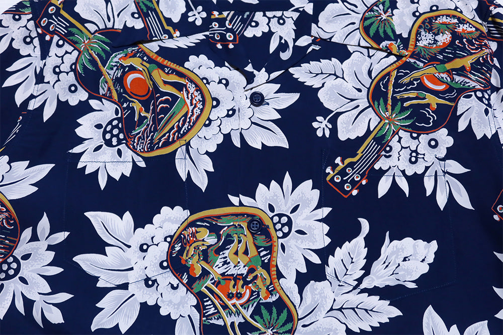 SUN SURF Long Sleeve Aloha Shirt UKULELE MELODY Hawaiian Shirt Rayon Made in Japan SS29603 Navy