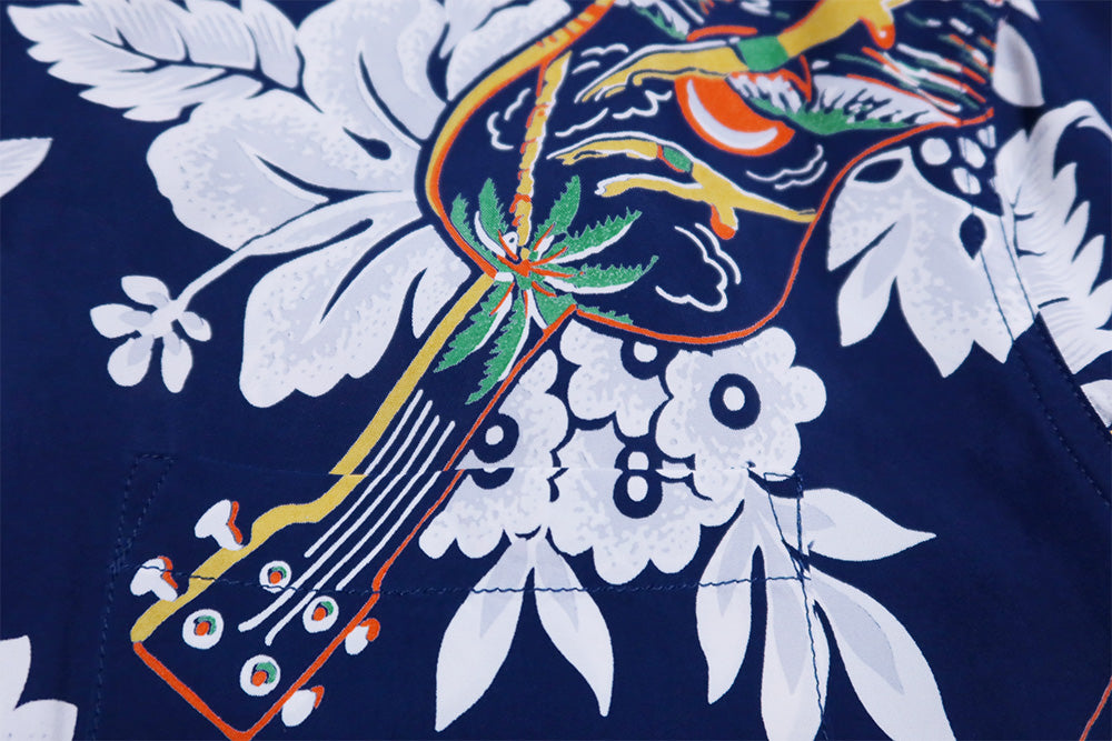 SUN SURF Long Sleeve Aloha Shirt UKULELE MELODY Hawaiian Shirt Rayon Made in Japan SS29603 Navy