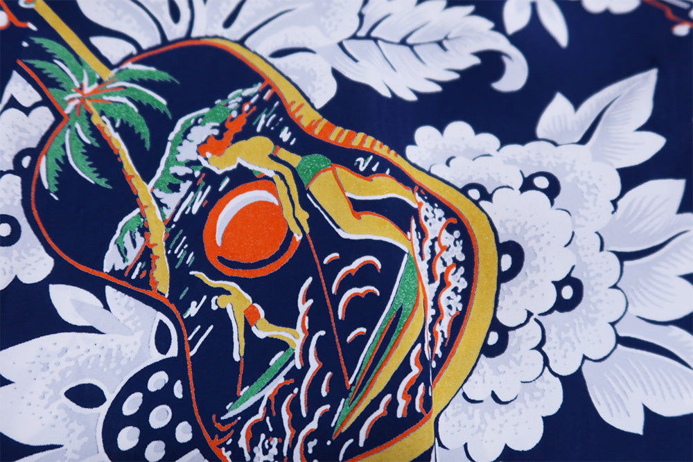 SUN SURF Long Sleeve Aloha Shirt UKULELE MELODY Hawaiian Shirt Rayon Made in Japan SS29603 Navy