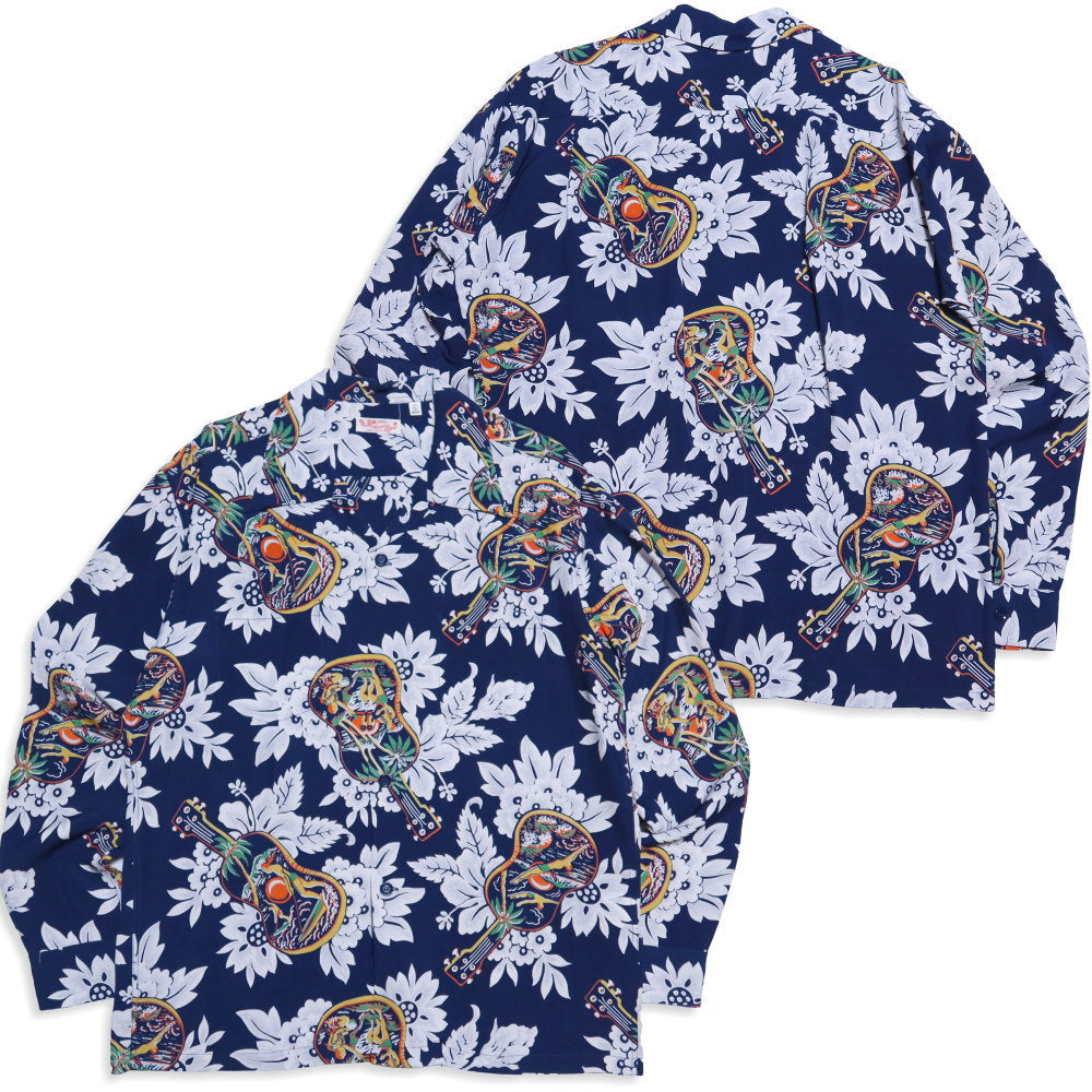 SUN SURF Long Sleeve Aloha Shirt UKULELE MELODY Hawaiian Shirt Rayon Made in Japan SS29603 Navy