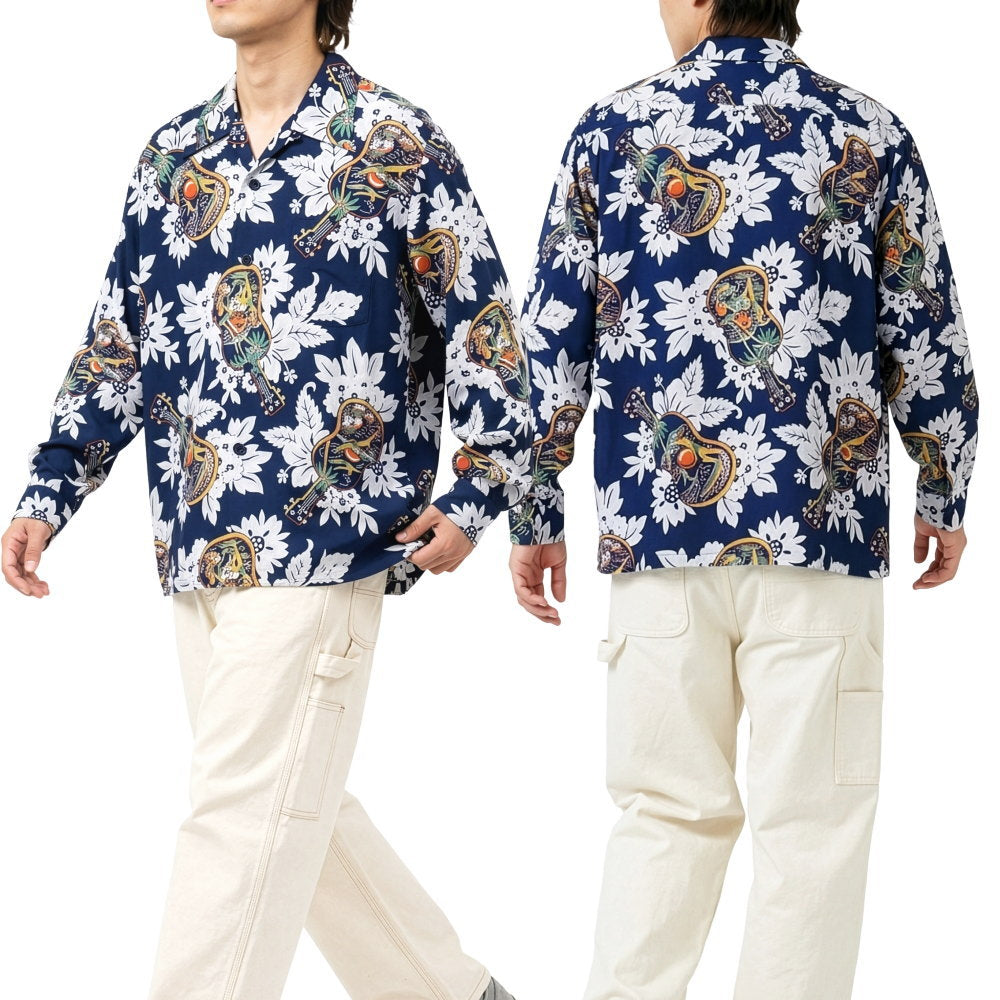SUN SURF Long Sleeve Aloha Shirt UKULELE MELODY Hawaiian Shirt Rayon Made in Japan SS29603 Navy