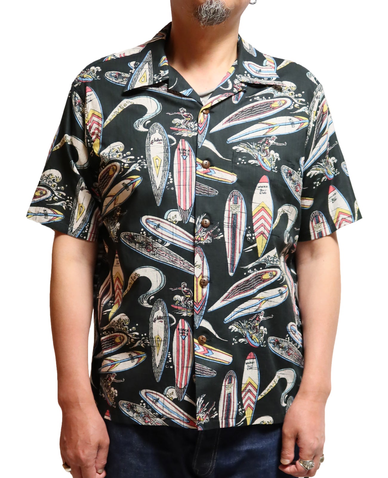 SUN SURF Cotton Linen Open Shirt SURFBOARDS Short Sleeve Aloha Shirt Made in Japan SS39284 Black