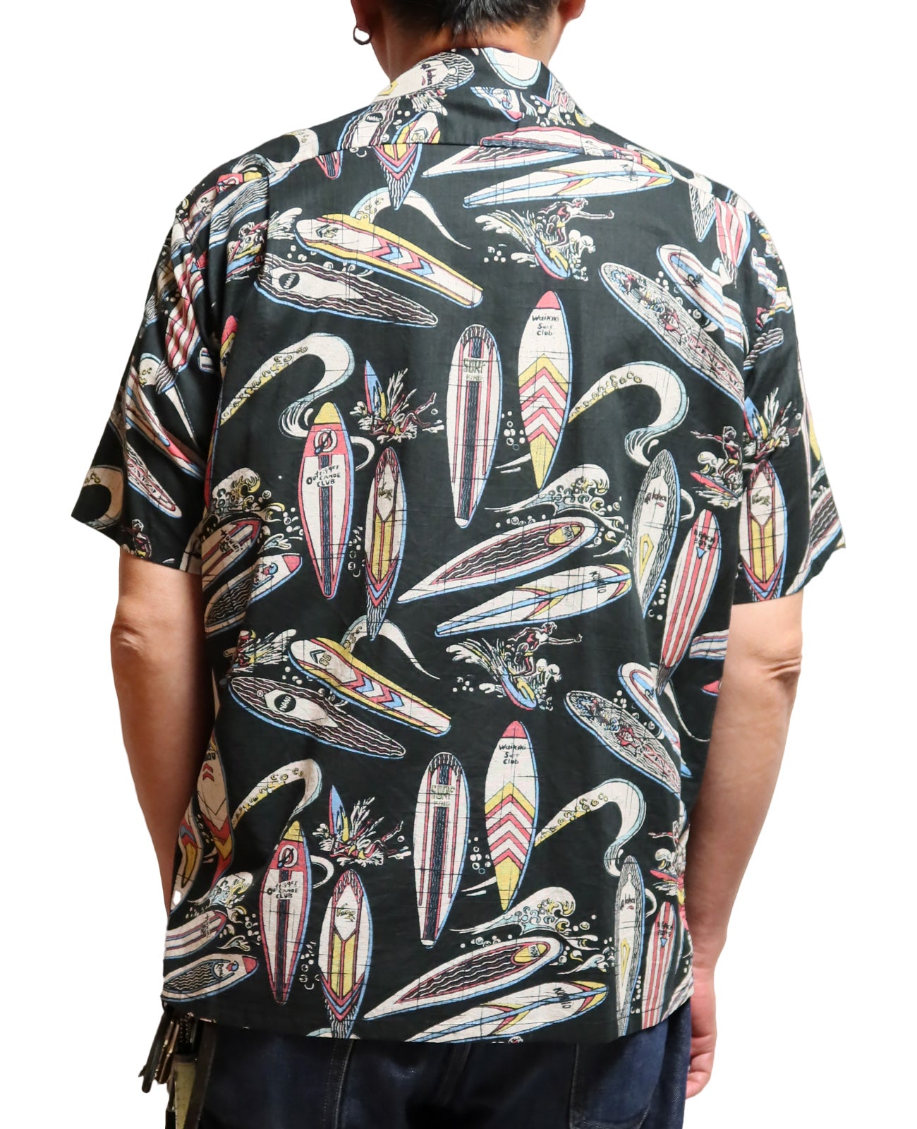 SUN SURF Cotton Linen Open Shirt SURFBOARDS Short Sleeve Aloha Shirt Made in Japan SS39284 Black