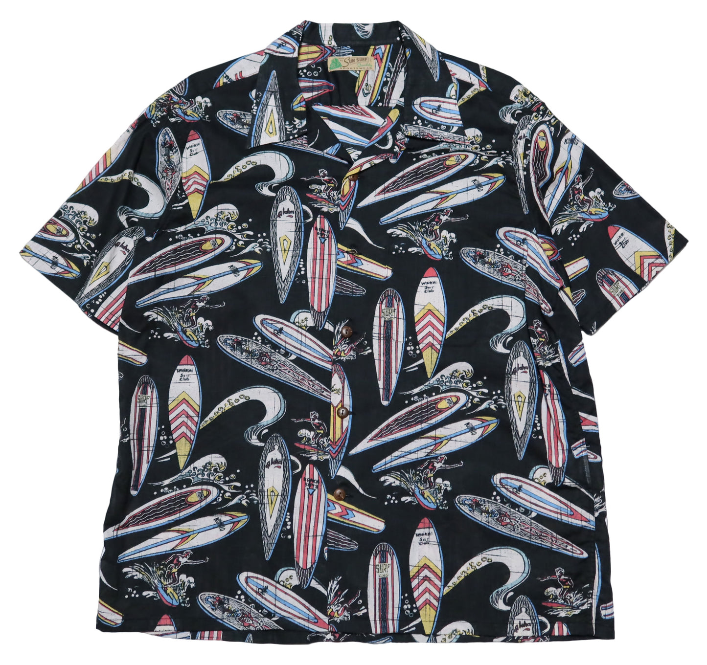 SUN SURF Cotton Linen Open Shirt SURFBOARDS Short Sleeve Aloha Shirt Made in Japan SS39284 Black