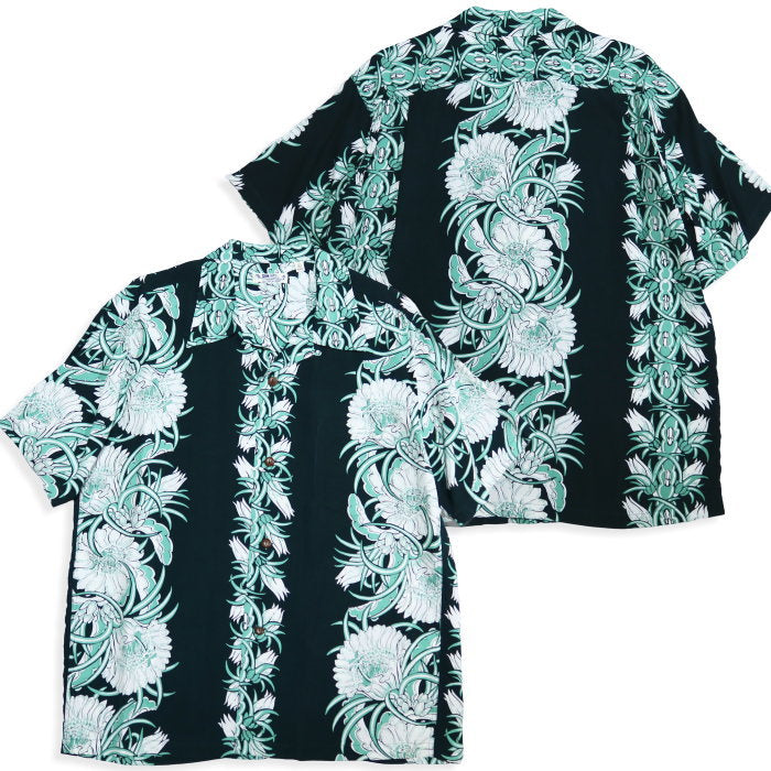 SUN SURF Aloha Shirt NIGHT BLOOMING CEREUS BORDER Short Sleeve Rayon Hawaiian Shirt Gekka Bijin Made in Japan SS39612 Green
