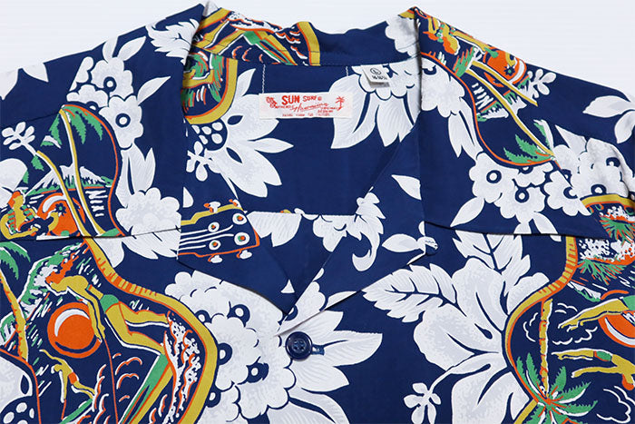 SUN SURF Aloha Shirt Short Sleeve UKULELE MELODY Hawaiian Shirt Made in Japan SS39613