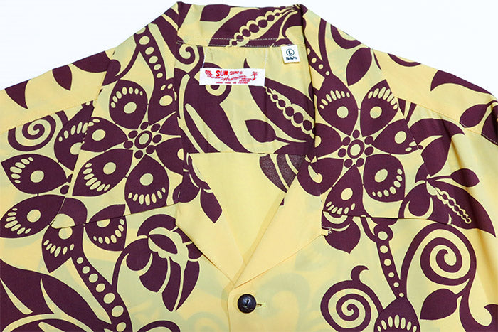 SUN SURF サンサーフ アロハシャツ PICTOGRAPH FLOWER 半袖 ハワイアンシャツ 日本製 SS39616 イエロー レーヨン ボーダーパターン