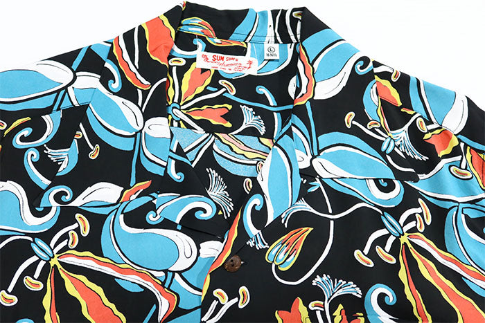 SUN SURF サンサーフ アロハシャツ SPIDER LILY 半袖 ハワイアンシャツ 日本製 SS39619 ブラック レーヨン ボーダーパターン メンズ
