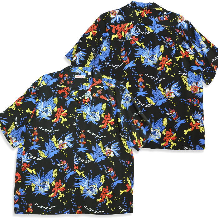 SUN SURF Aloha Shirt TROPICAL FISH Short Sleeve Rayon Hawaiian Shirt Made in Japan SS39626 Black Allover Pattern