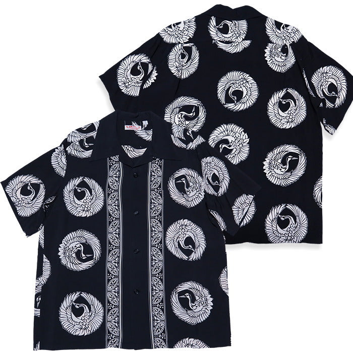 SUN SURF Aloha Shirt ORIENTAL BORDER Crane Short Sleeve Rayon Hawaiian Shirt Made in Japan SS39629 Black Blue