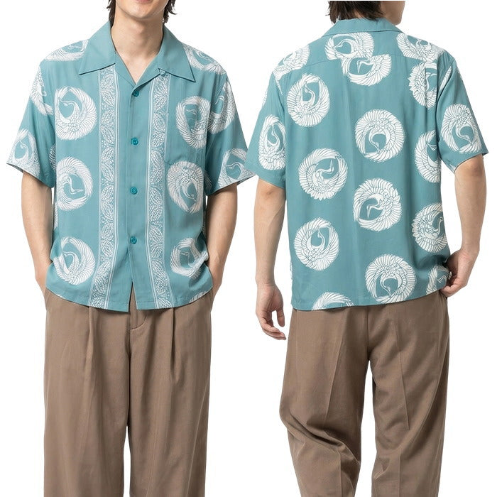 SUN SURF Aloha Shirt ORIENTAL BORDER Crane Short Sleeve Rayon Hawaiian Shirt Made in Japan SS39629 Black Blue